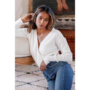 Lulus Got My Attention White Cable Knit Surplice Sweater - Size S